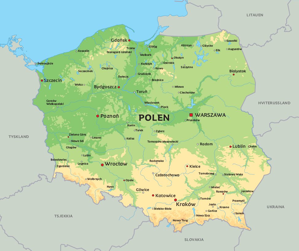 Kart over Polen: Se bl.a beliggenhet for Warszawa og Kraków