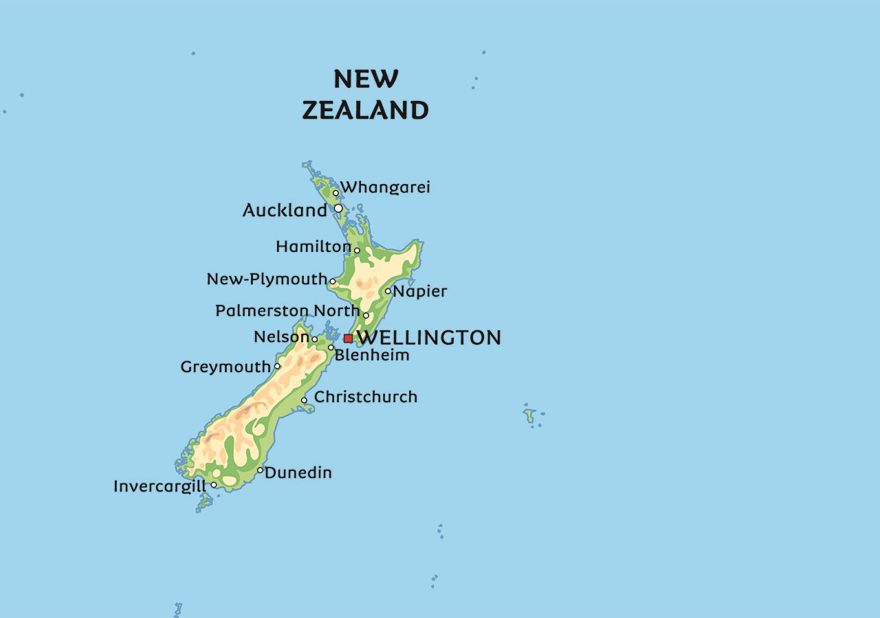 Kart New Zealand: Se bl.a. plasseringen av Auckland og Christchurch