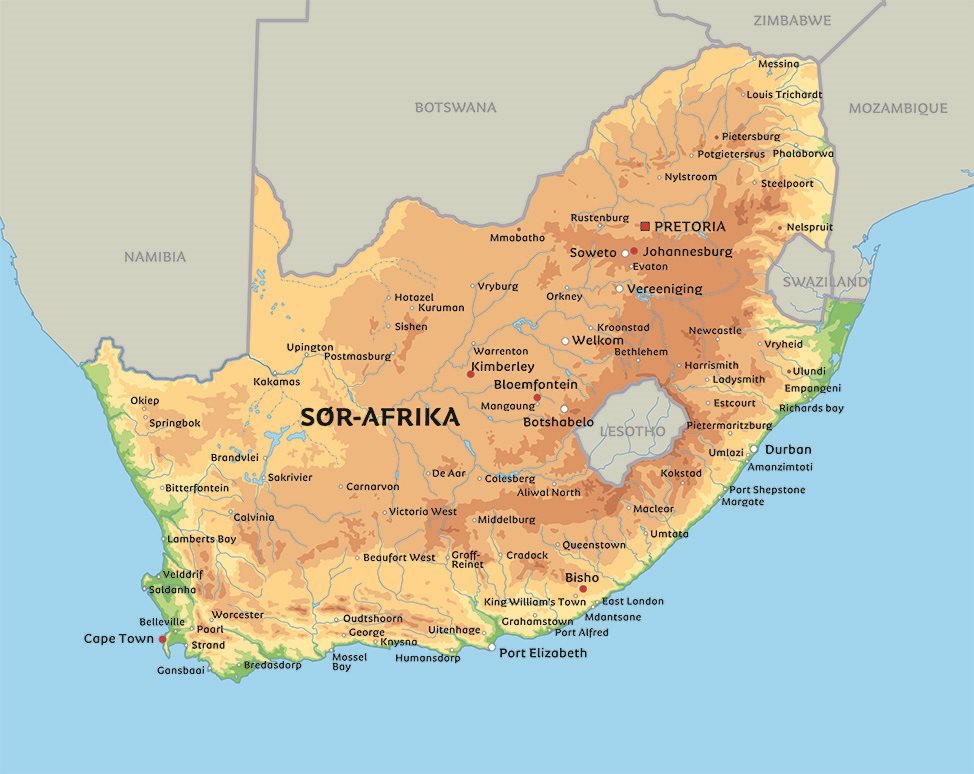 Kart Sør-Afrika: Se de største byer i Sør-Afrika, for eksempel Johannesburg  og Cape Town